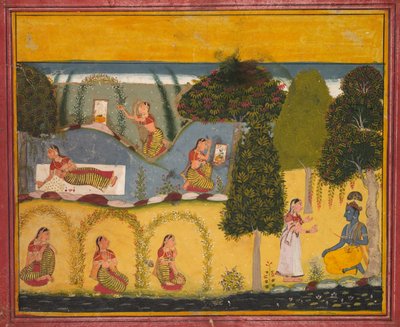Radha wacht op verzoening met Krishna, uit een Gita Govinda van Jayadeva, ca. 1680 door Unbekannt