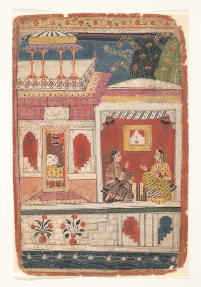 Radha en haar vertrouweling zitten in een open kamer: Blad uit een verspreide Rasikapriya, ca. 1680-90 door Unbekannt
