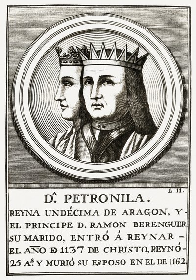 Raimond Berenger IV van Barcelona en Petronilla Koningin van Aragon, gravure. door Unbekannt