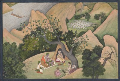 Rama, Sita en Lakshmana bij de Hermitage van Bharadvaja: Geïllustreerd folio van... door Unbekannt