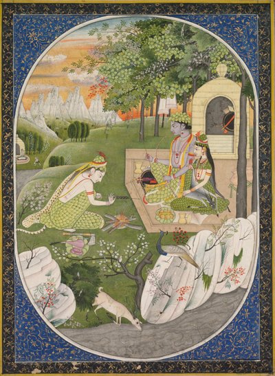 Rama, Sita en Lakshmana in het bos, pagina uit de Ramayana-verhalen van God Rama door Unbekannt