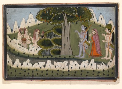Rama, Sita en Laksmana in een landschap met asceten, ca. 1830 door Unbekannt