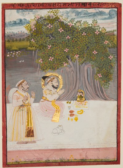 Rana Sangram Singh die een Linga aanbidt onder een Banyanboom, ca. 1712-15 door Unbekannt