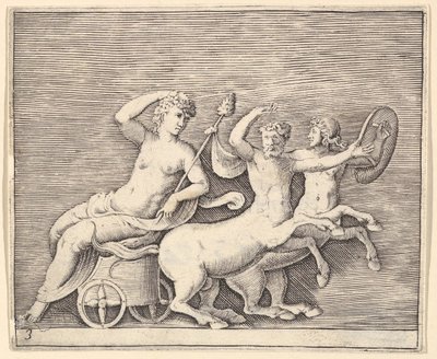 Liggende Vrouwelijke Figuur op een Wagen getrokken door Twee Centauren, gepubliceerd ca. 1599-1622 door Unbekannt