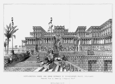 Reconstructie van de noordoostelijke gevel van Sennacheribs paleis Kouyunjik, Assyrisch, 1853 door Unbekannt