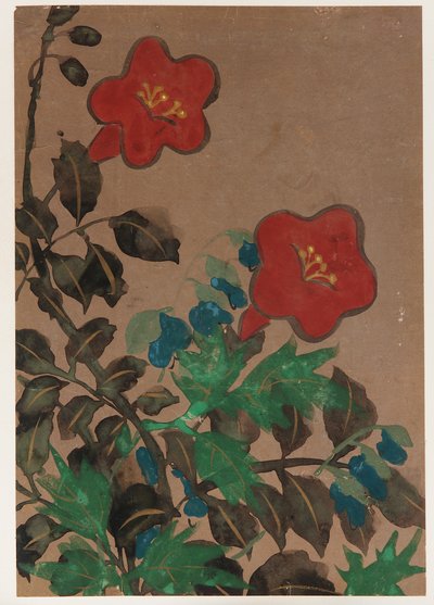 Rode en blauwe bloemen en loof door Unbekannt