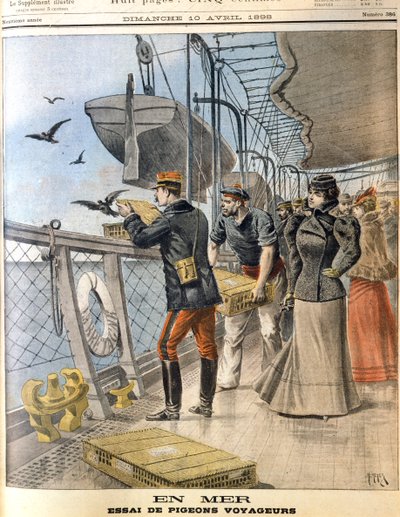 Vrijlating van Franse legerpostduiven aan boord van de trans-Atlantische lijnboot La Bretagne, 1898 door Unbekannt