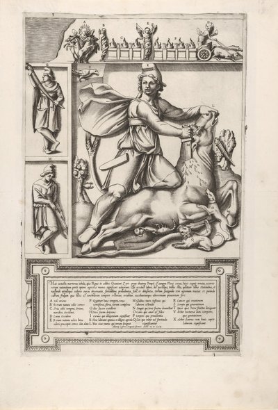 Reliëf met Mithras knielend op een stier en een zwaard in zijn schouder drijvend, links tw... door Unbekannt