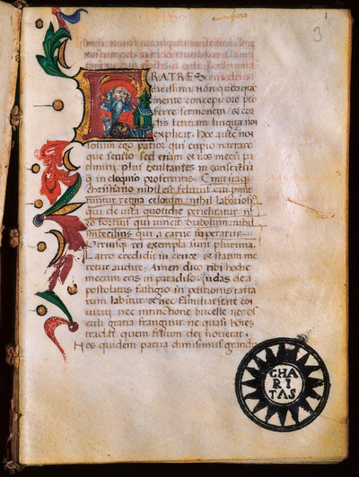 Voorstelling van Sint Hiëronymus (347-420), verlichte pagina uit "Opuscola theologica" door Unbekannt