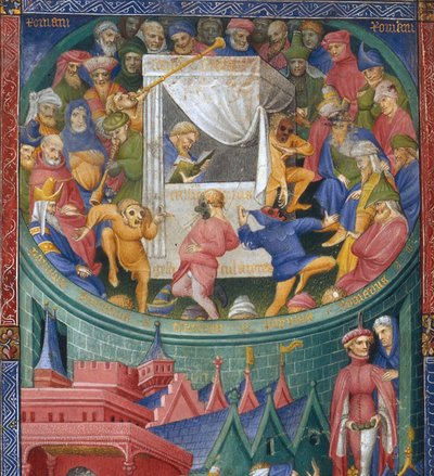 Voorstelling van acteurs, mimespelers en jongleurs. Frontispice van het manuscript Terentius van Martin Gouge door Unbekannt