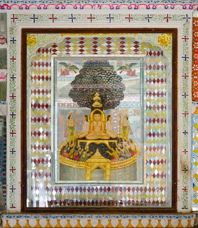 Rijkelijk versierd religieus kunstwerk in een kamer in het 19e-eeuwse Patwon ki Haveli herenhuis, Jaisalmer, Rajasthan, India (foto) door Unbekannt