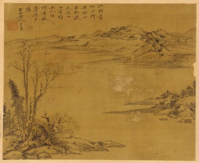 Rivierlandschap: bomen en huizen op de voorgrond, Mogelijk Yuan-dynastie, 1279-1368 door Unbekannt