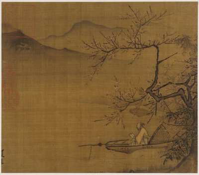 Rivierlandschap: een man leest in een boot aangemeerd onder een bloeiende boom, Ming-dynastie, 1368-1644 door Unbekannt