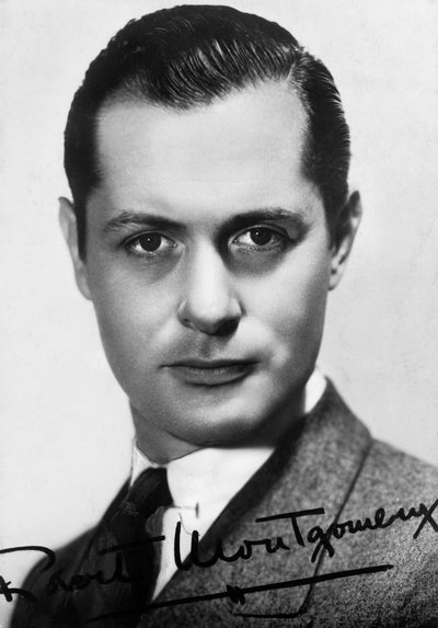 Robert Montgomery 1904-1981, Amerikaanse acteur en regisseur, ca. 1930s-1940s. Gesigneerde foto door Unbekannt