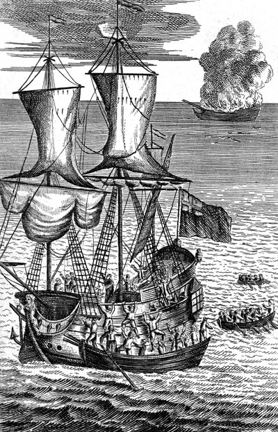 Robinson Crusoe redt de bemanning van een brandend schip op zee, ca. 1719 door Unbekannt