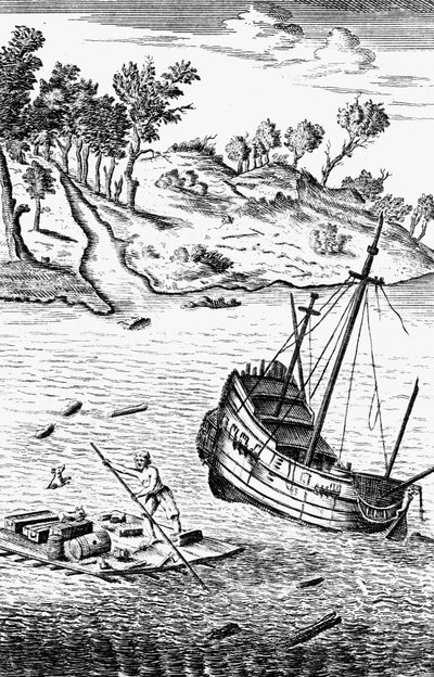 Robinson Crusoe redt zijn goederen uit het wrak van het schip, ca. 1719 door Unbekannt
