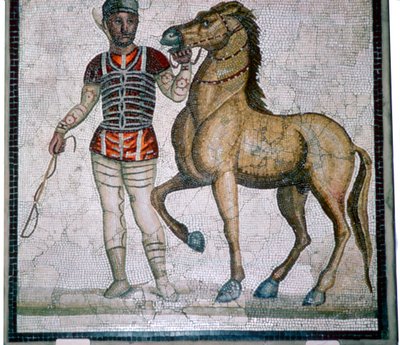 Romeins mozaïek van een wagenmenner met paard door Unbekannt