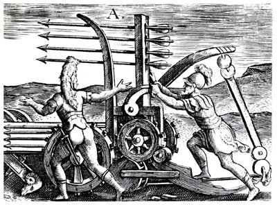 Romeinse soldaten die een oorlogsmachine gebruiken die meerdere pijlen afvuurt, 1605 door Unbekannt