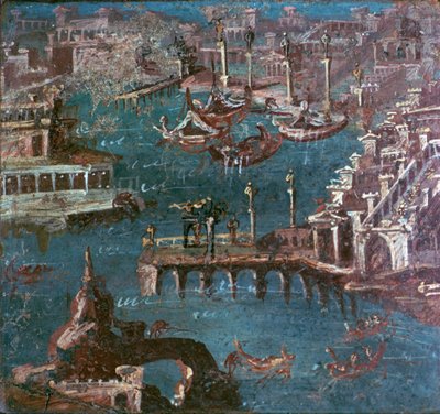 Romeinse muurschildering van een havenscène door Unbekannt
