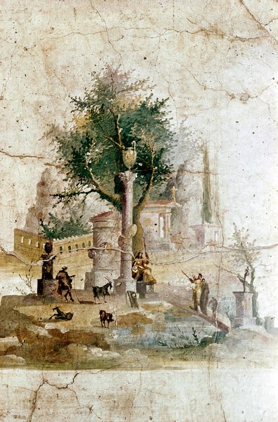 Romeinse muurschildering van een mythisch landschap, Villa van Agrippa Posthumus, nabij Pompeii, Italië door Unbekannt