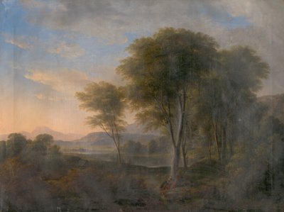 Romantisch landschap met een boom op de achtergrond door Unbekannt