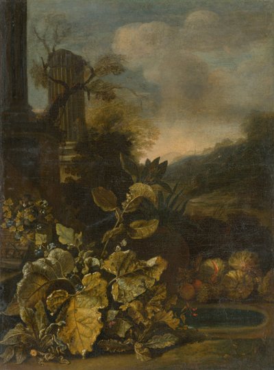 Romantisch landschap met stilleven en antieke zuil door Unbekannt