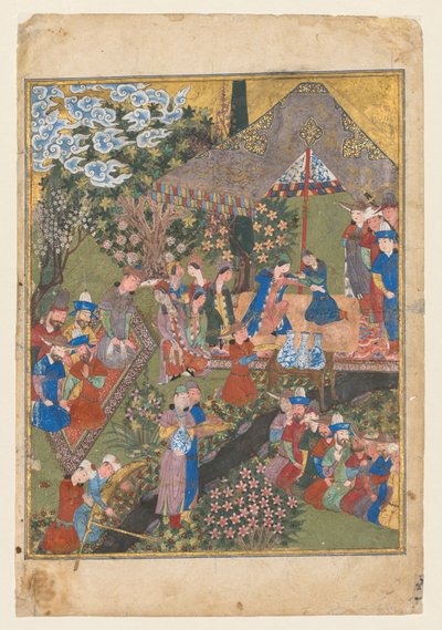 Koninklijk feest in een tuin, verso van rechter folio van de dubbelpagina frontispice..., c. 1440 door Unbekannt