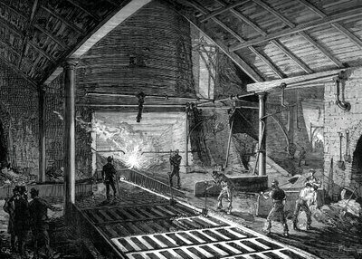 Het gesmolten ijzer in de varkens gieten, ca. 1880 door Unbekannt