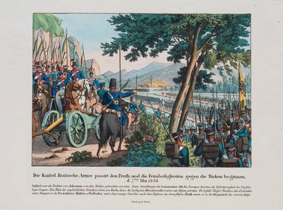 Russisch leger steekt de Pruth-rivier over naar Moldavië in mei 1828, ca. 1830 door Unbekannt
