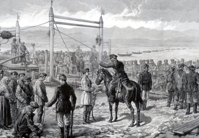 Russische veroordeelden onder militaire escorte wachtend om de rivier Yenisei over te steken, Siberië, 1882 door Unbekannt