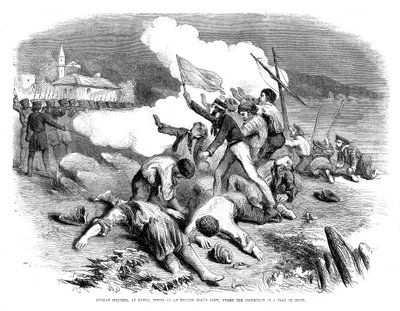 Russische soldaten schieten op een Engelse bootbemanning, onder bescherming van een witte vlag, 1855 door Unbekannt