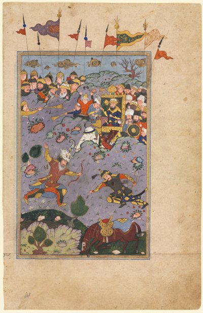 Rustam ontmoet de uitdaging van Ashkabus, uit een Shah-nama Boek der Koningen van Firdausi, c1590-1600 door Unbekannt