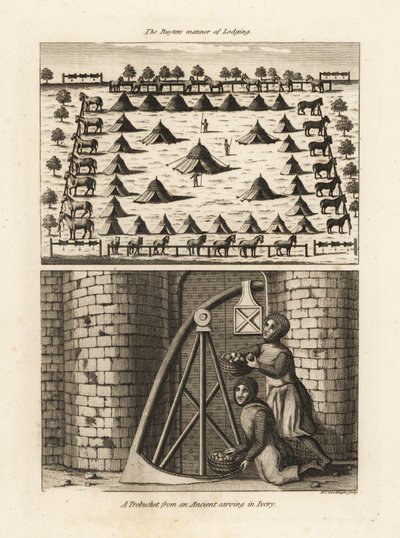 Ruyters cavaleriekamp en een trebuchet van een oude ivoren gravure door Unbekannt
