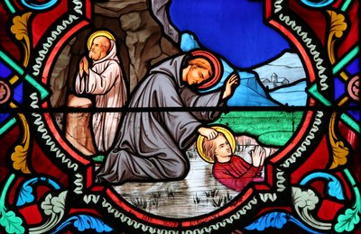 Heilig Hart kerk. Glas-in-loodraam. Benedictus van Nursia. St. Benedictus is de patroonheilige van Europa en studenten door Unbekannt