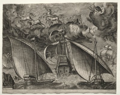 Zeilschepen: Twee galeien zeilen achter een bewapende driemaster met Phaeton..., 1561-65 door Unbekannt