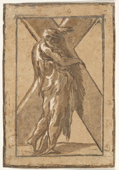 Sint Andreas staand in profiel met een groot kruis, uit een serie van twaalf apostelen, ca. 1540-50 door Unbekannt