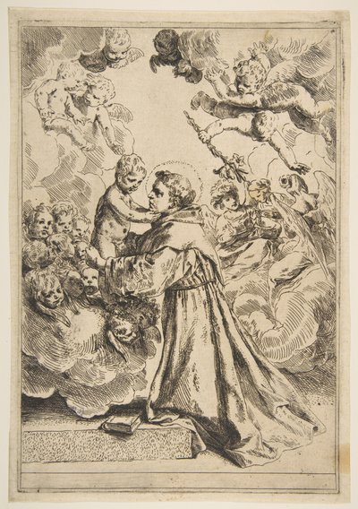 Sint Antonius van Padua aanbidt het Christuskind in Glorie, kopie naar Cantarini, ca. 1640 of later door Unbekannt