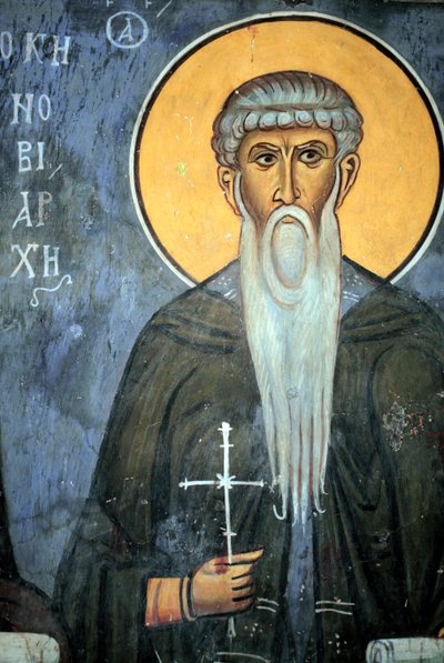 Heilige Arsene: Byzantijnse fresco uit de 14e eeuw (1332) Nathex, zuidmuur Phorbiotissa Maagdkerk, Asinou Unesco-site Troodos regio, Cyprus door Unbekannt