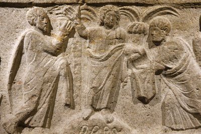 Abdij van Saint Victor, Marseille. Sarcofaag detail: Jezus omringd door Petrus en Paulus door Unbekannt