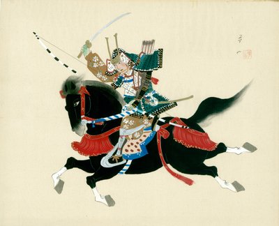 Samurai-krijger te paard. Een Japanse schildering op zijde, in traditionele Japanse stijl door Unbekannt
