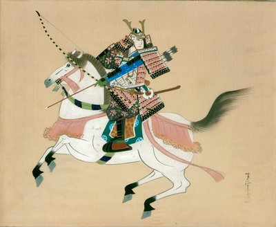 Samurai Krijger te paard. Een Japanse schildering op zijde, in traditionele Japanse stijl door Unbekannt