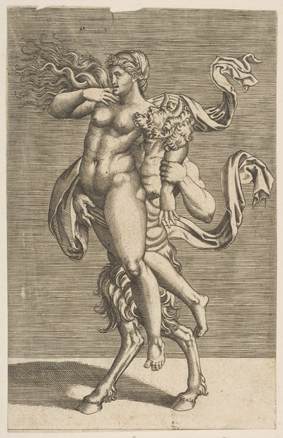 Satyr draagt een nimf die haar rechterarm tegenhoudt, ca. 1515-1600 door Unbekannt