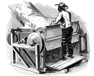 Zaagmachine voor het reinigen van katoen bediend door een blootsvoetse zwarte arbeider, zuidelijke VS, 1865 door Unbekannt