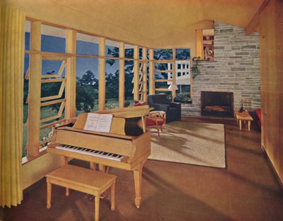 Schaalmodel van een grote woonkamer van 25 voet lang in een modern huis, ontworpen door Edward D. Stone door Unbekannt