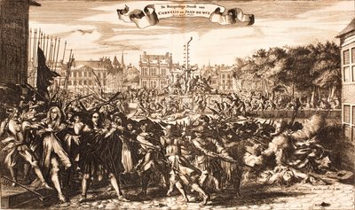 Scène van de menigte die Cornelis en Johan de Witt vermoordt, Den Haag, 20 augustus 1672, 1675 door Unbekannt