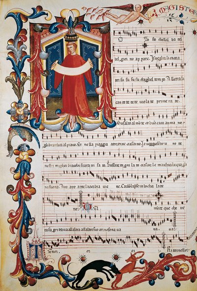 Partituur met verluchting in Squarcialupi Codex, c.1410-1415 door Unbekannt