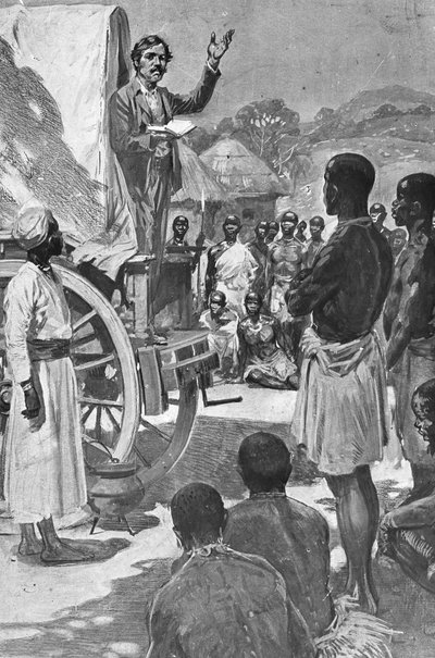 Schotse ontdekkingsreiziger en missionaris David Livingstone die preekt vanuit een wagen, Afrika door Unbekannt