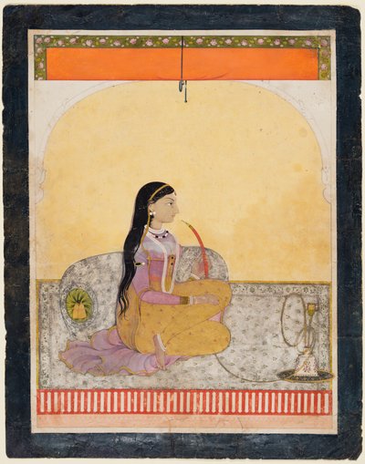 Zittende dame die een waterpijp rookt, ca. 1780 door Unbekannt