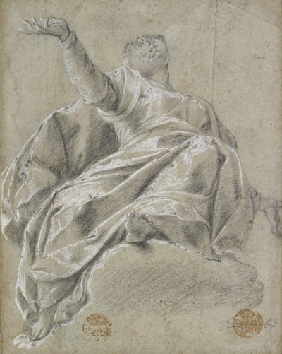 Zittende vrouwelijke figuur op een wolk, omhoog kijkend, 1600-1675 door Unbekannt