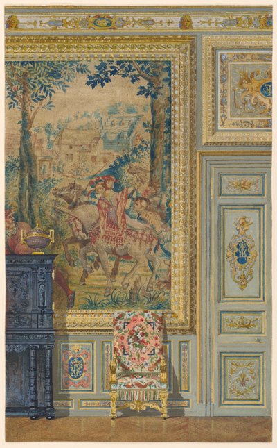 Sectie van een muur met een deel van Vlaamse wandtapijt, Wandtapijtkamer, Paleis van Fontainebleau, Frankrijk door Unbekannt